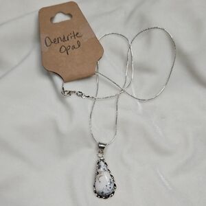 Dendrite Opal Teardrop Shape Natural Gemstone Pendant Necklace Silver Plated